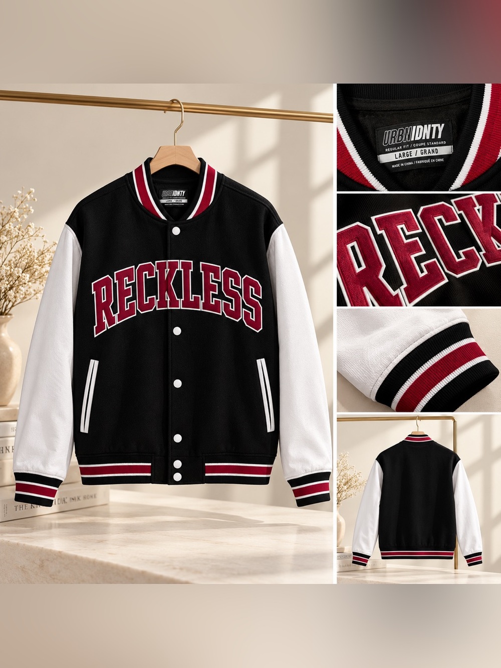 Urban Outfitters Black & White 'Reckless' Varsity Jacket with Red Lettering